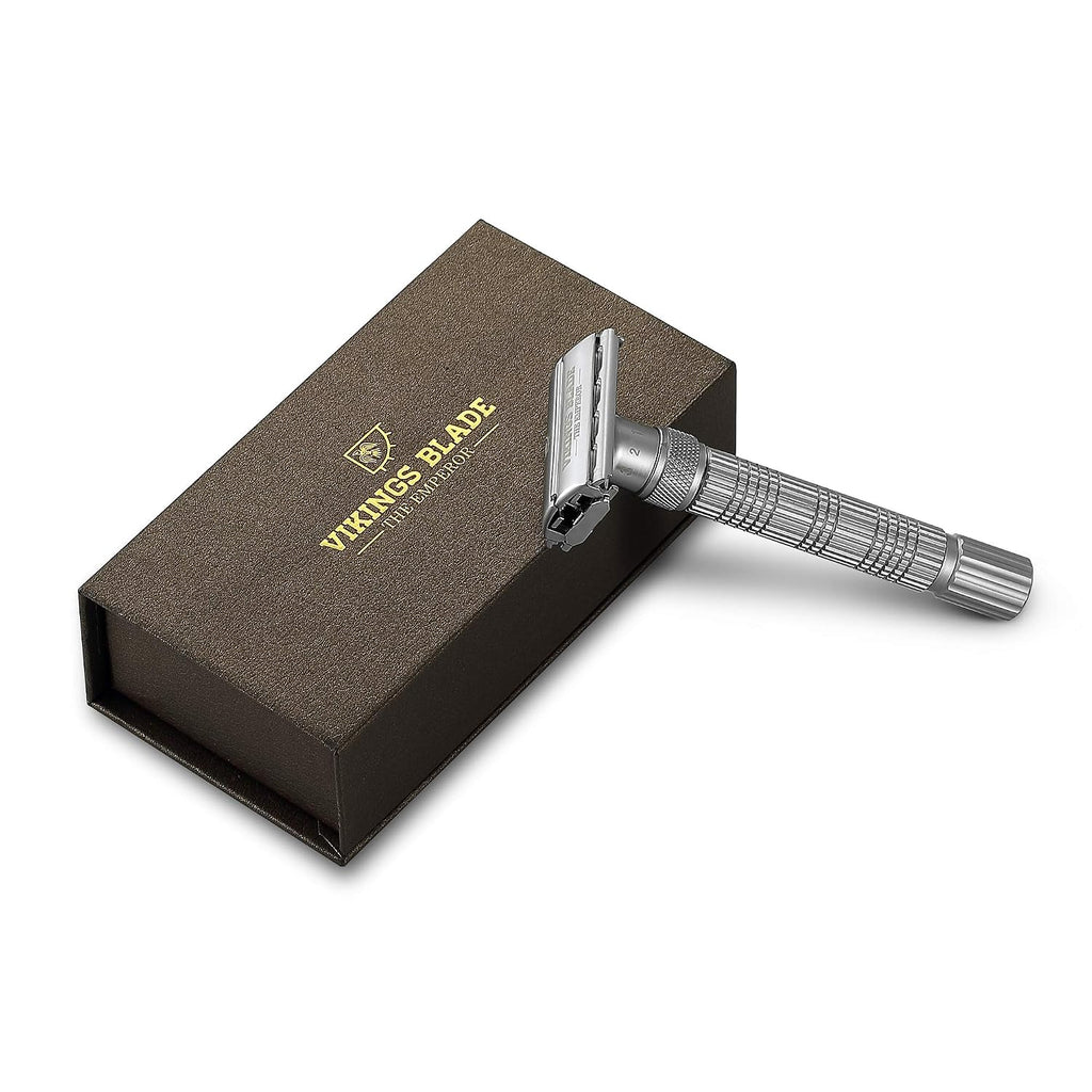 Adjustable Double Edge Safety Razor + Luxury Case. Smooth, Reusable, Eco-Friendly (The Emperor “Frosted Chrome”)