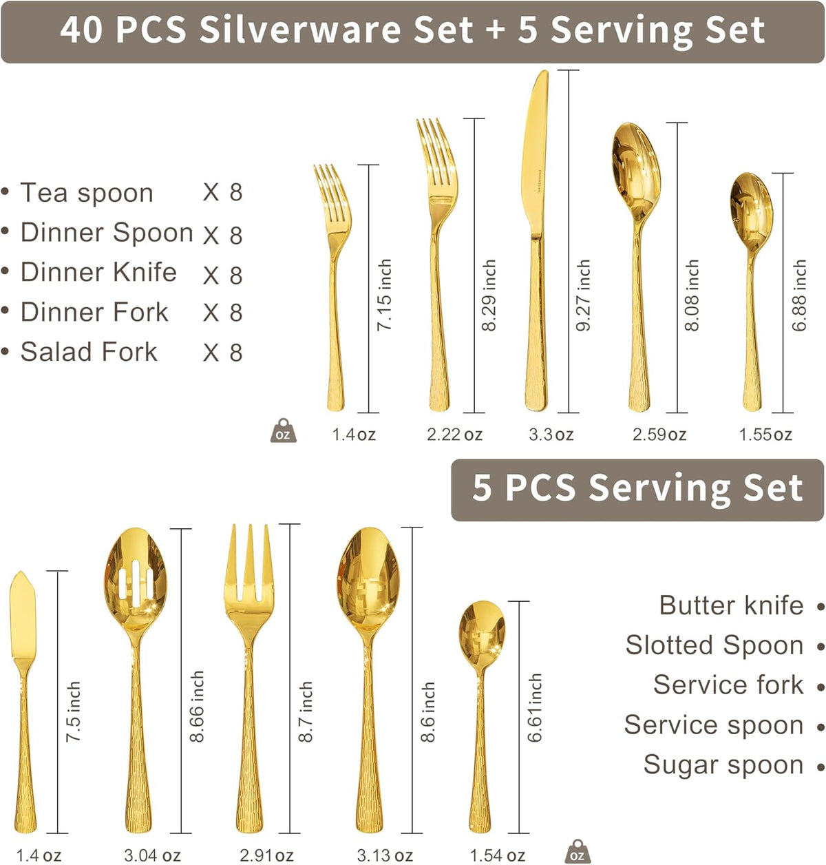 45 Piece Gold Silverware Set with Serving Utensils, 18/10 Stainless Steel
