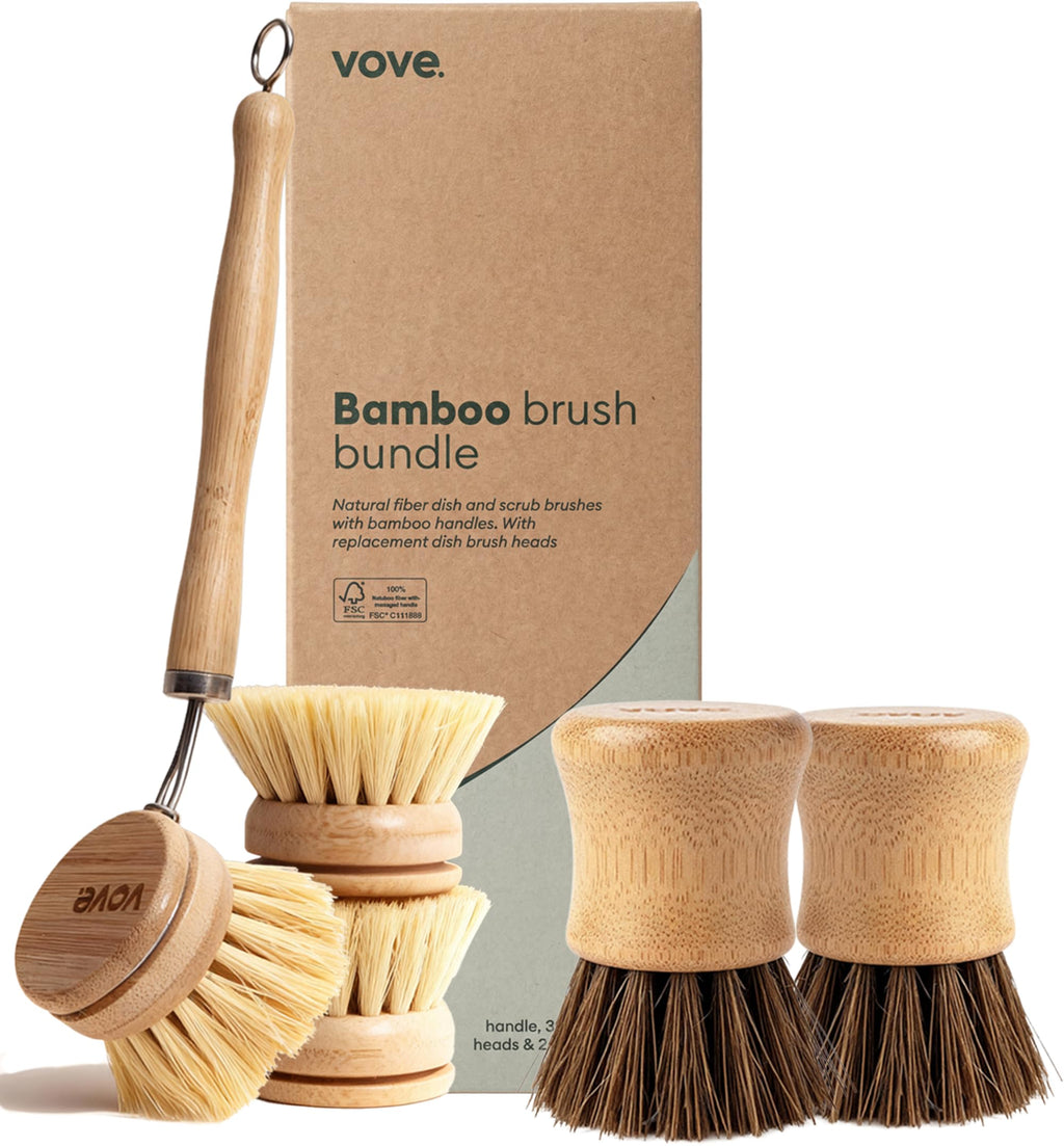 Bamboo Dish Brush Bundle, Scrub Brush and 3 Replacement Heads