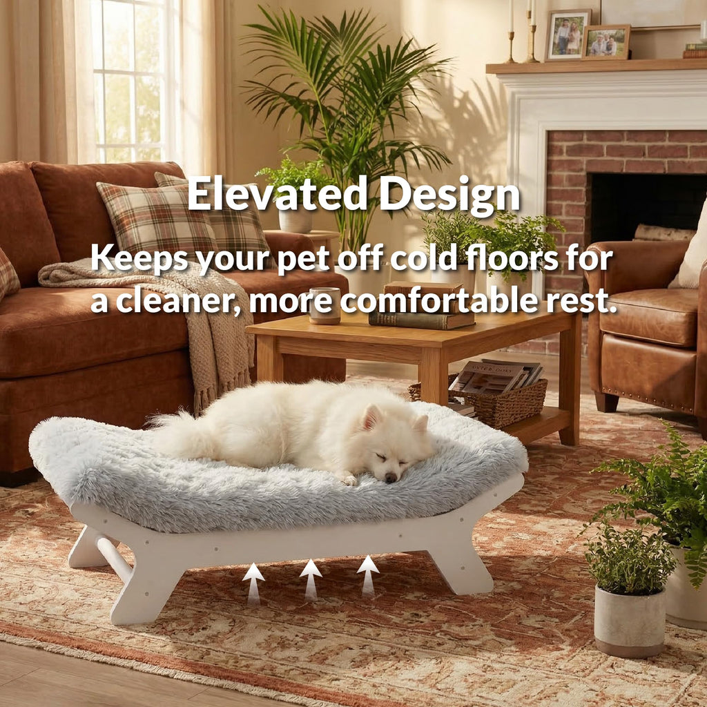 Elevated Wood Dog Bed Frame with Foam Mattress, WalnutPattern, L