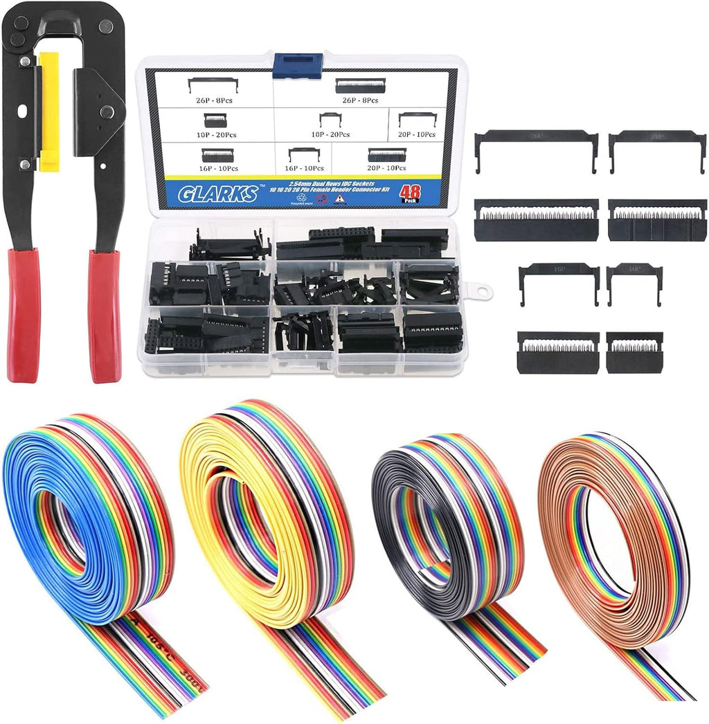 Glarks Professional IDC Crimp Tool with 48Pcs 2.54mm Pitch Dual Rows IDC Sockets 10 16 20 26 Pin Female Header+ Wire Rainbow Color Flat Ribbon IDC Wire Cable