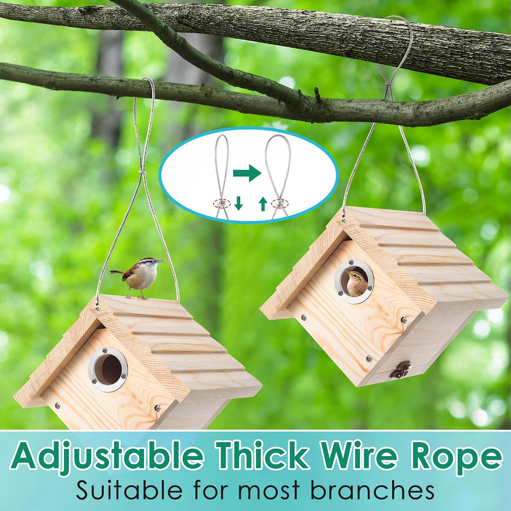 2 Pack Wren House, 1-1/8'' Entrance Hole Hanging Wooden Wren Bird Houses for Outside with Metal Guard, Air Vents