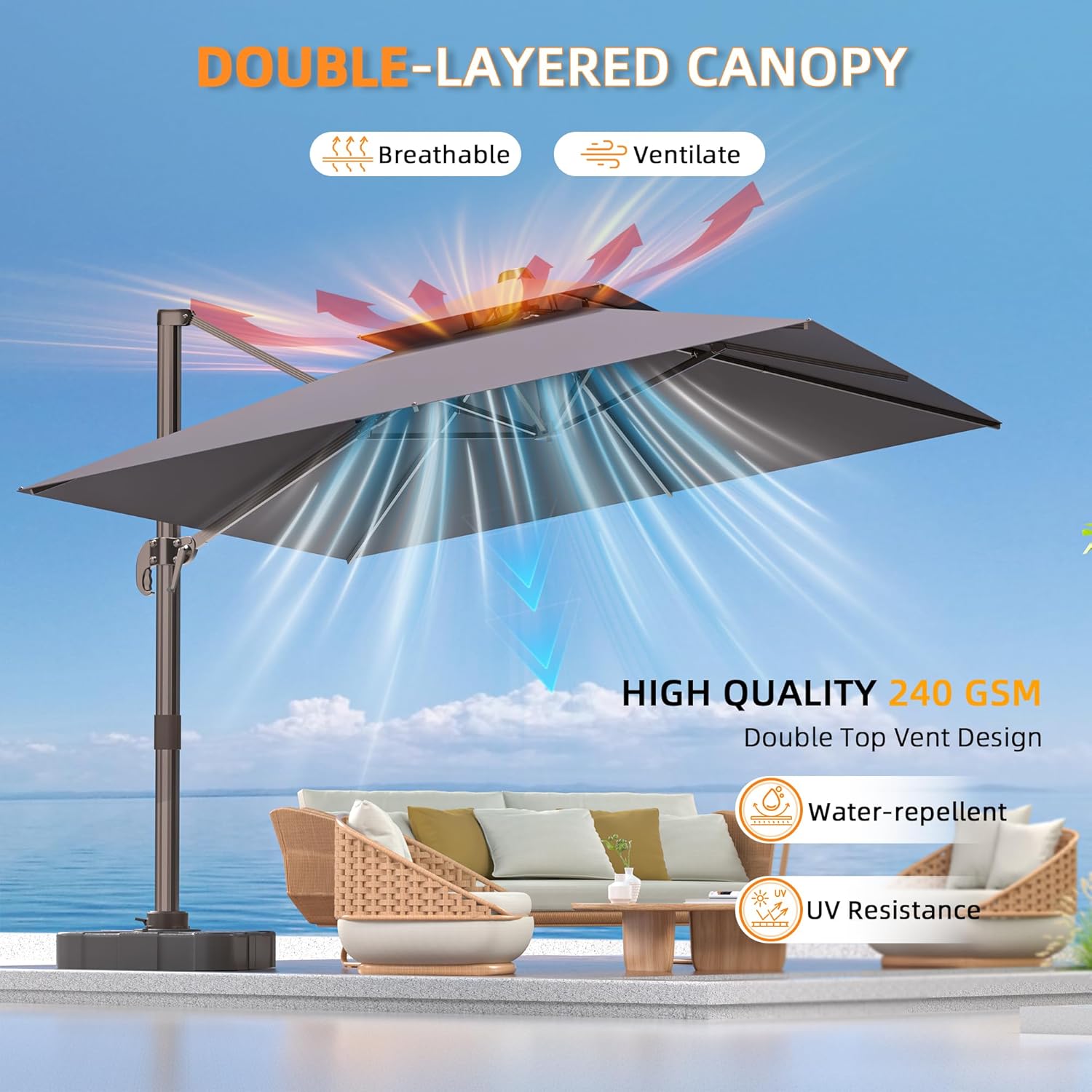 9' X 12' Cantilever Outdoor Patio Umbrellas with Base Included, Large Rectangle Umbrella Heavy Duty 360°Rotation
