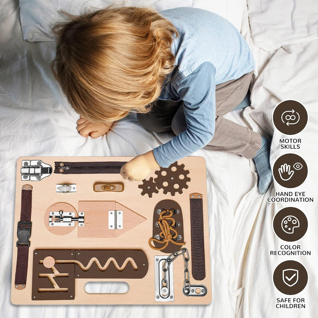 Montessori Busy Board for Toddlers, Wooden Sensory Toys, Preschool Learning Activities for Fine Motor Skills Travel