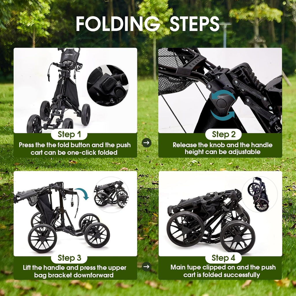 Golf Push Cart 4-Wheels,Folding Golf Cart, Golf Pull cart with Cup Holder,Umbrella Holder,Cooler Bag, Foldable with