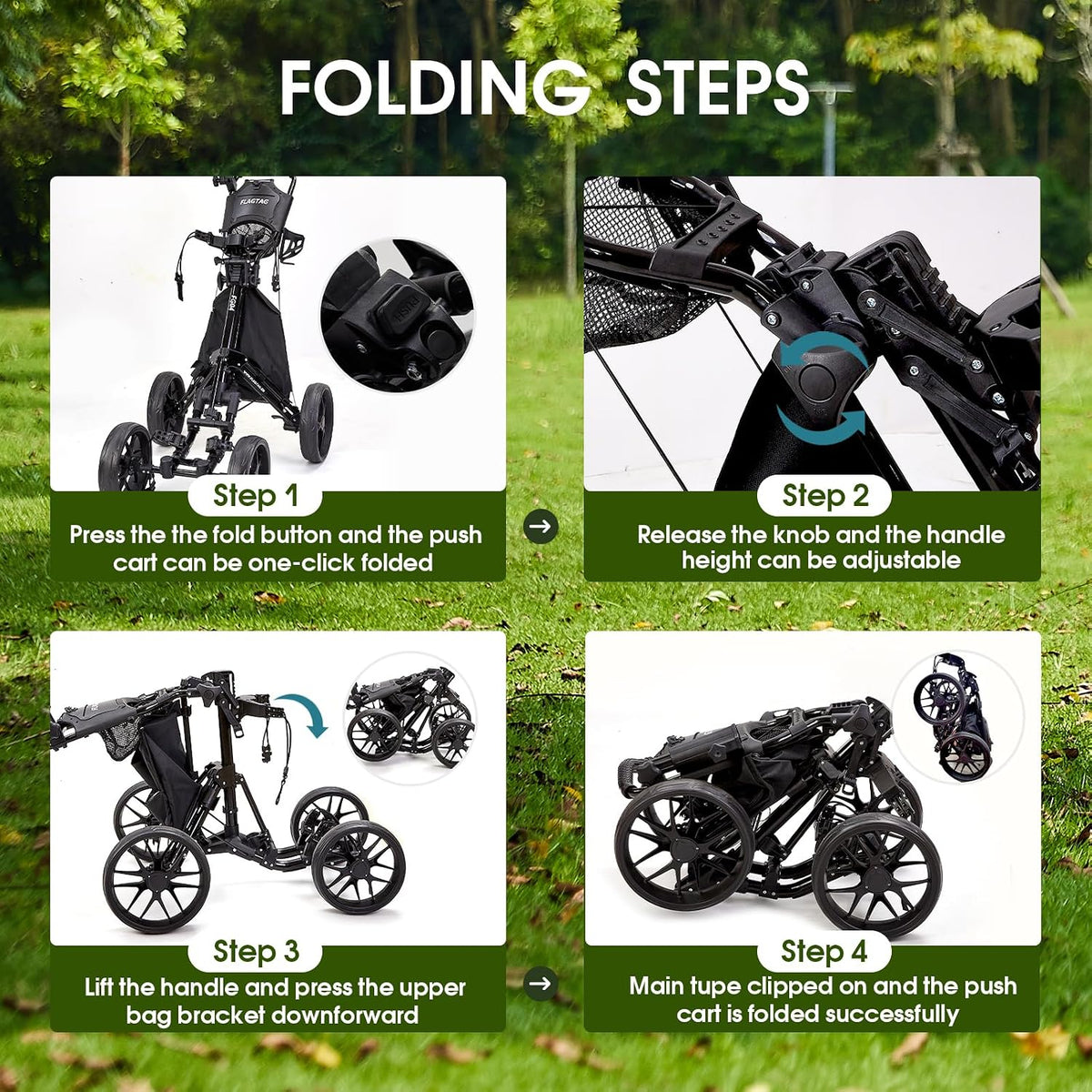 Golf Push Cart 4-Wheels,Folding Golf Cart, Golf Pull cart with Cup Holder,Umbrella Holder,Cooler Bag, Foldable with