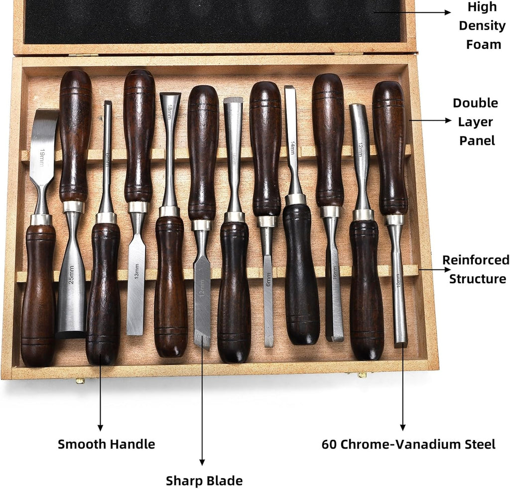 12 Pieces Wood Chisel Set, Woodworking Carving Tools with Wooden Box | CR-V Steel Edge Blade with Premium Wood
