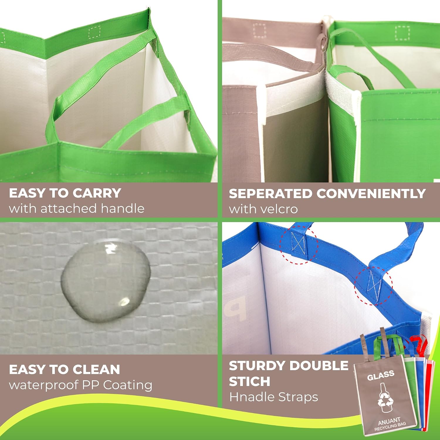 Separate Recycling Waste Bin Bags for Kitchen Office in Home - Large Size Sturdy Double Handles 10 Gallon Recycle
