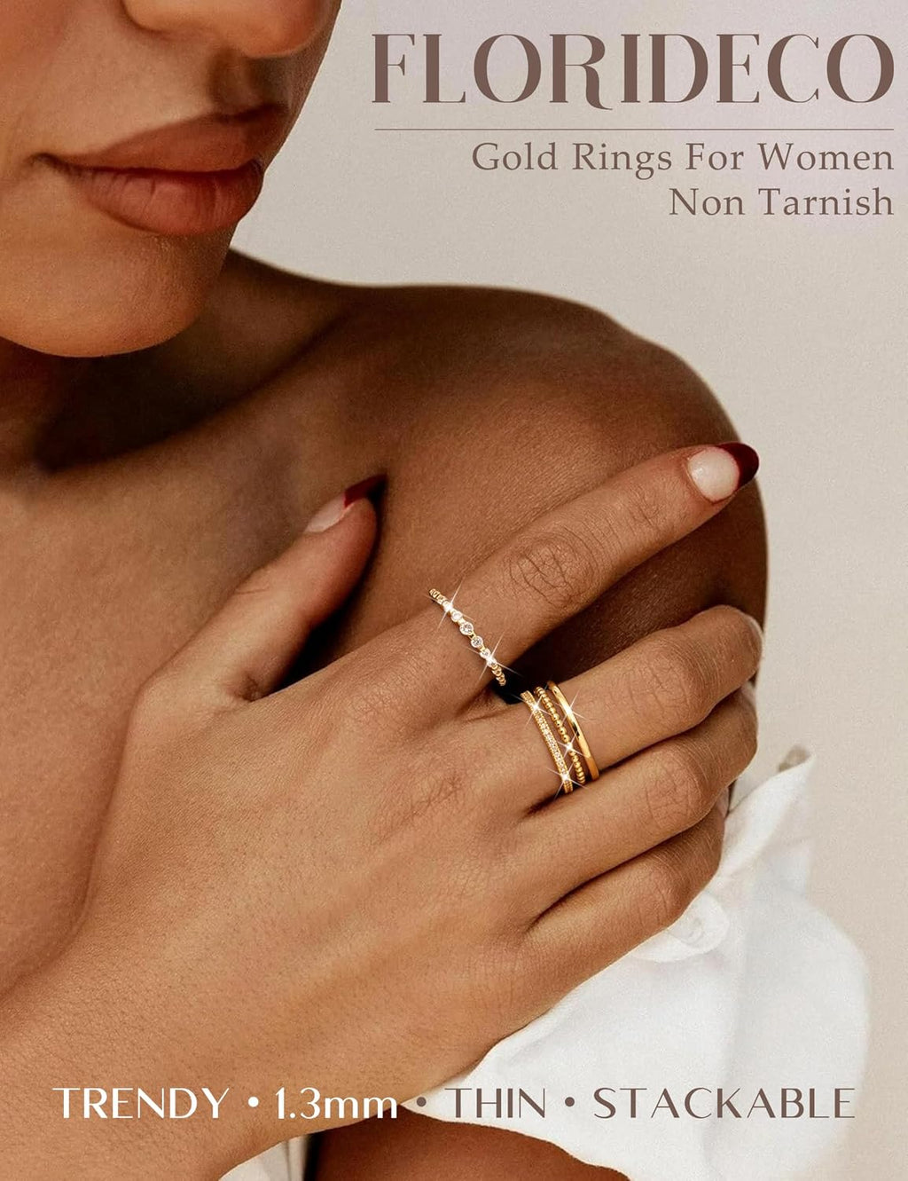 14K Gold Plated Stackable Rings for Women Non Tarnish Dainty Cubic Zirconia Thumb Ring Set Silver Plated Stacking Set