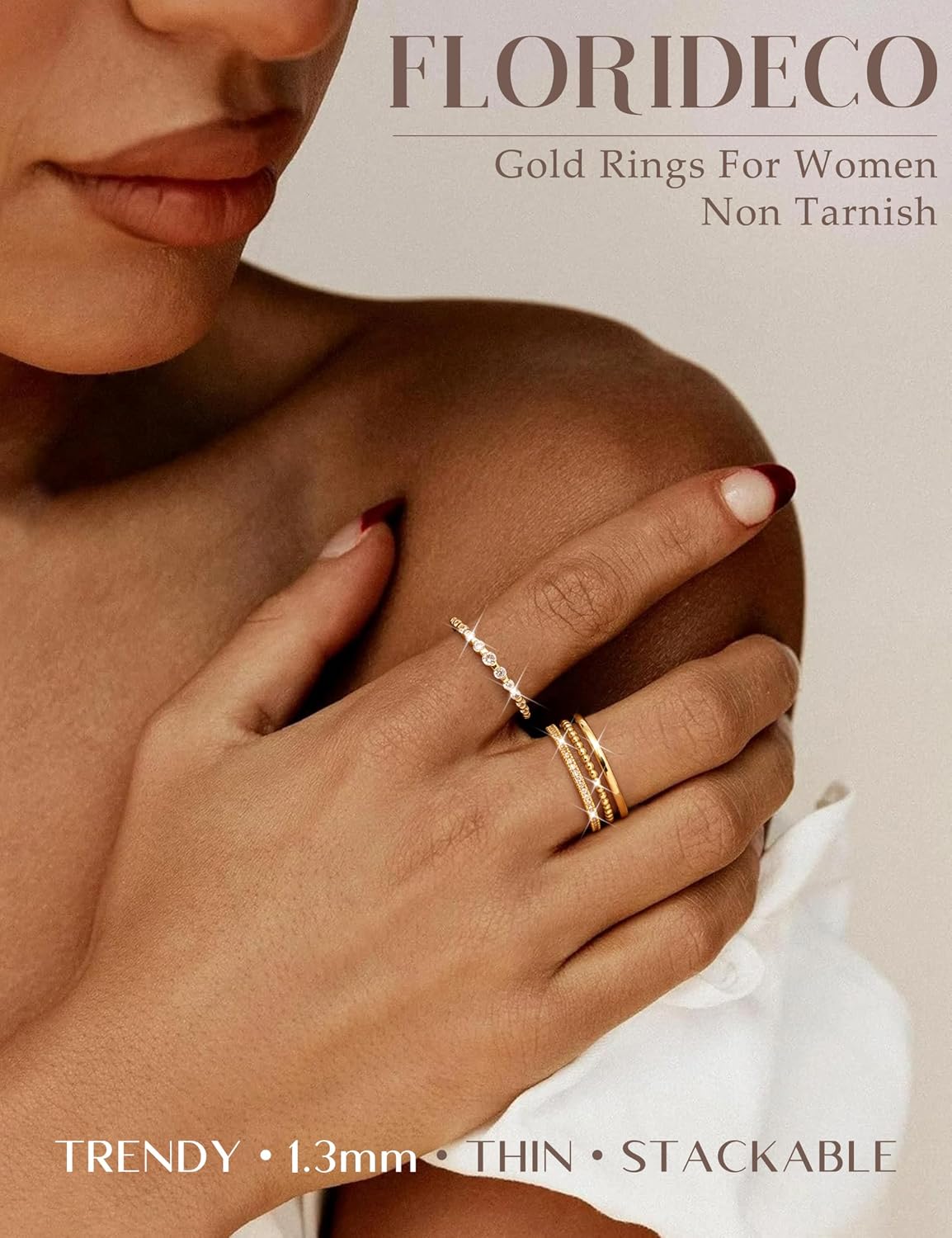 14K Gold Plated Stackable Rings for Women Non Tarnish Dainty Cubic Zirconia Thumb Ring Set Silver Plated Stacking Set