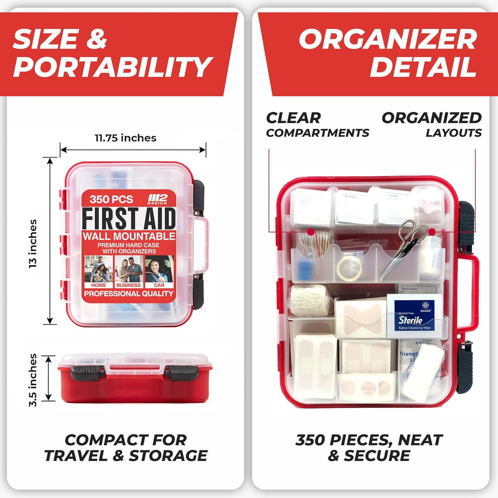 350 Piece Professional Wall-Mount First Aid Kit, Home, Business | Dual-Layer Hard Case, Office, Warehouse, Jobsite