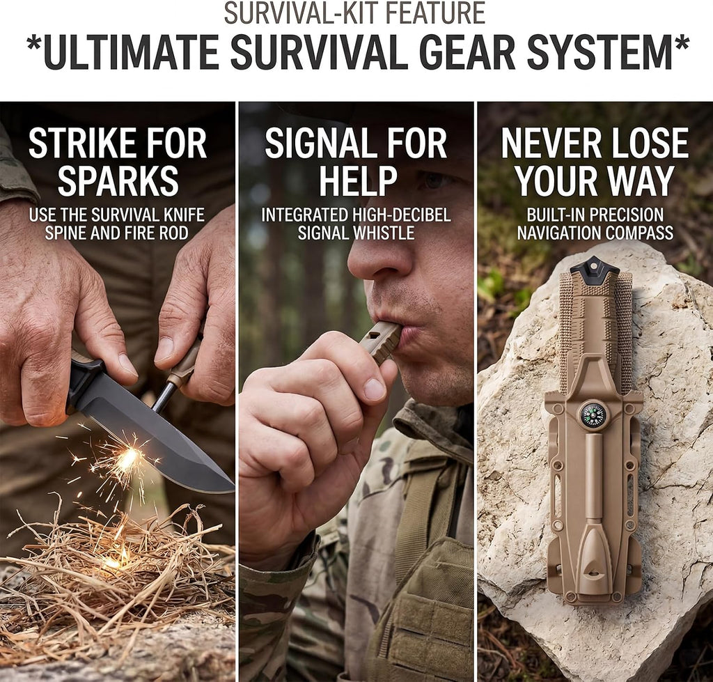 Fixed Blade Tactical Survival Knife, Full Tang 8Cr13MoV with Sheath, Fire Starter & Compass, Non-Slip Handle, for