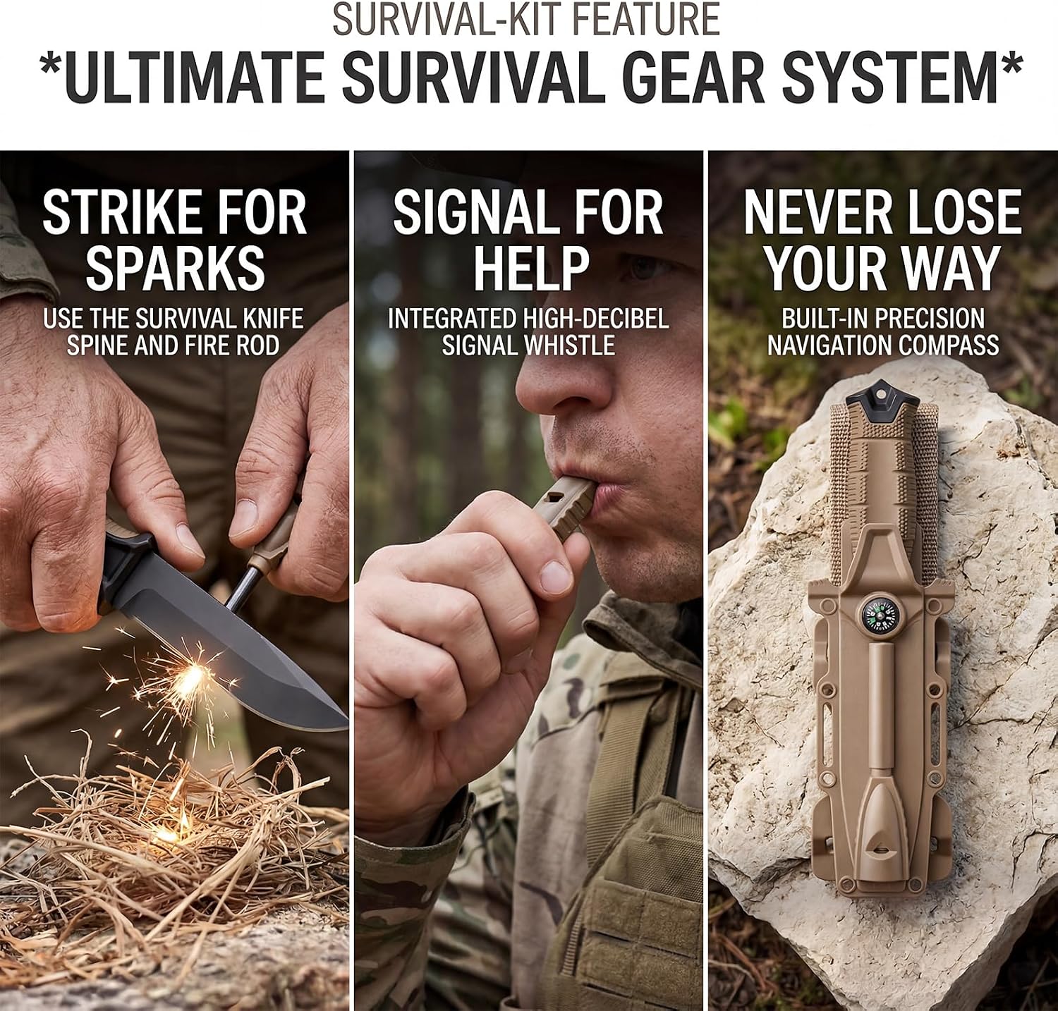 Fixed Blade Tactical Survival Knife, Full Tang 8Cr13MoV with Sheath, Fire Starter & Compass, Non-Slip Handle, for