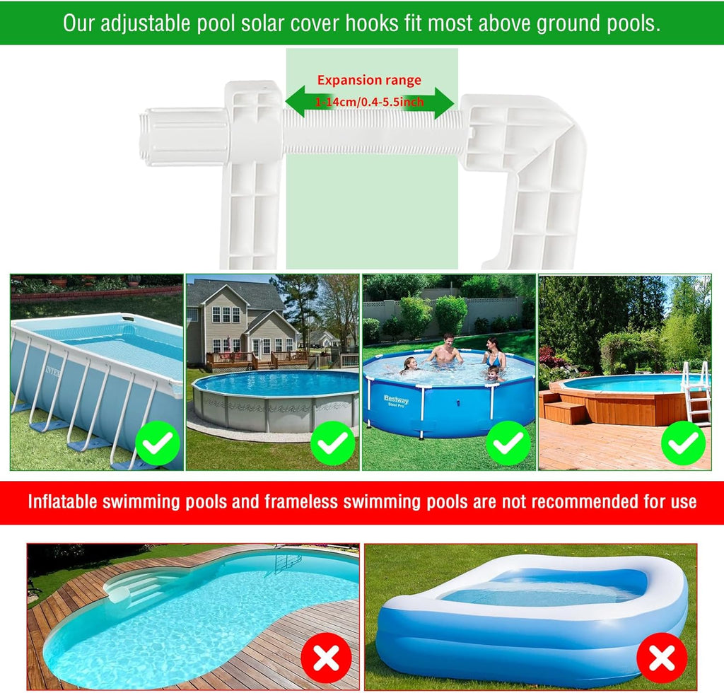 Solar Pool Cover Holder, Adjustable Solar Cover Hooks Keep Solar Cover Off The Ground, No Drill, No Rust, 4 Pack