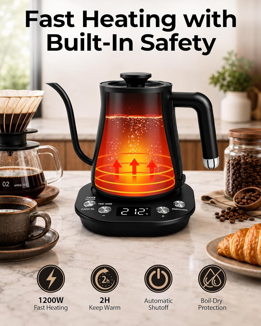 Gooseneck Electric Kettle with ±1℉ Temperature Control, 304 Stainless Steel Interior, BPA Free, 1200 Watt Rapid, Brew