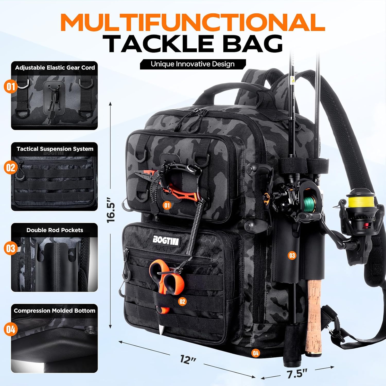 Fishing Backpack with Tackle Boxes and Rod Holders, Fishing Bag with Fishing Lure Kit Water-resistant Sling Tackle