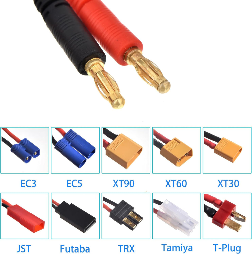 RC Lipo Battery Charger Adapter Connector Splitter Cable, 10 in 1 Convert Wire to 4.0mm Banana Plug with 2-6S Charge
