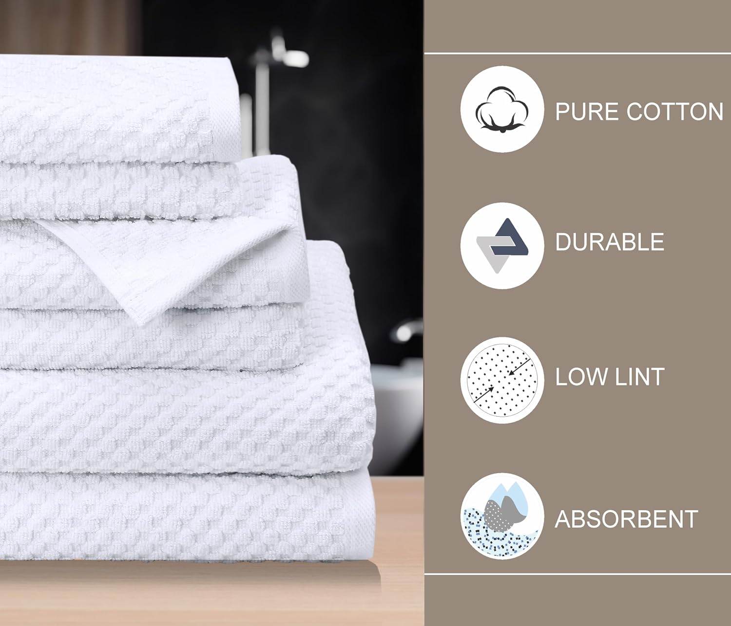Euro Spa Waffle Weave 6 Piece Towel Set - 100% Cotton - White | 2 Oversized Luxurious Large Bath Towels, 2 Hand