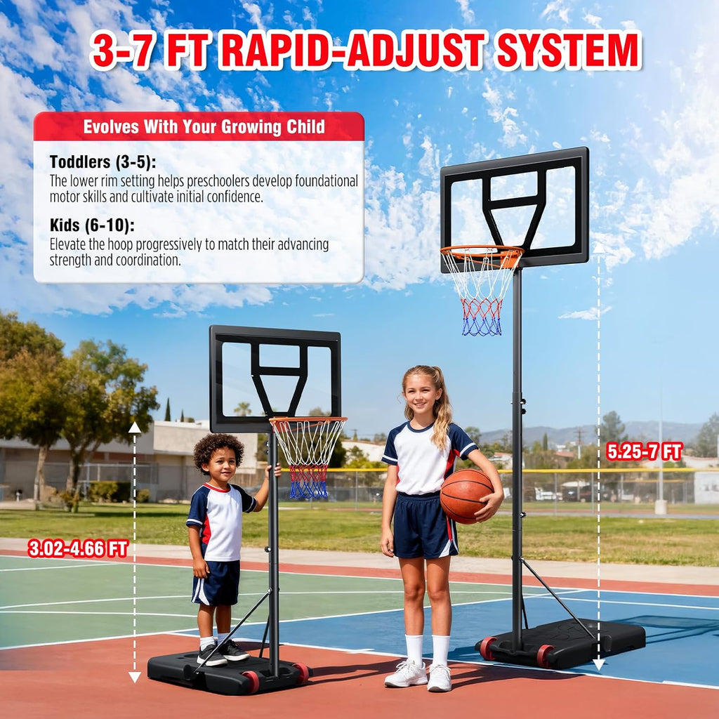 Kids Basketball Hoop Outdoor Height Adjustable 3-7 FT, Portable Basketball Goal System for Kids Youth Teens in