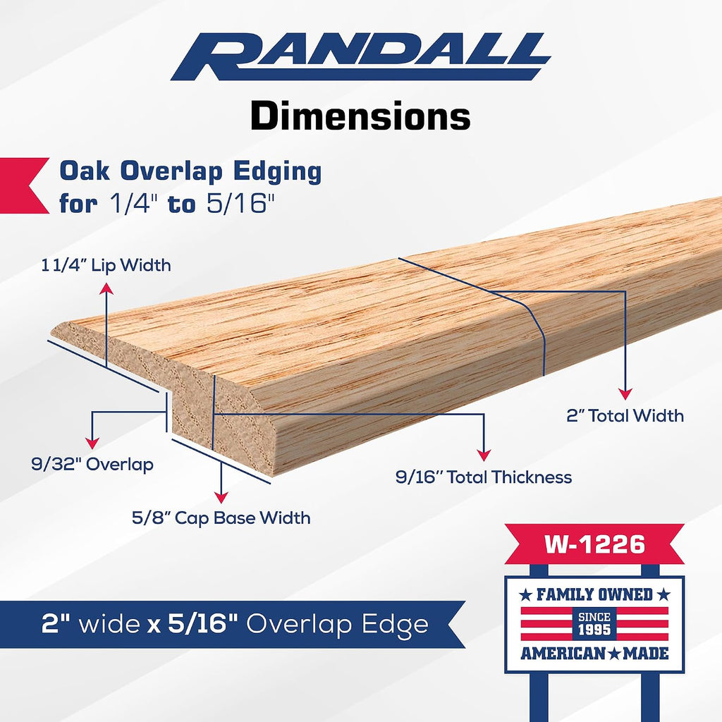 36" Red Oak Overlap Reducer – 2" Wide Wood Floor Transition Strip for 5/16"-3/8" Overlap – Unfinished Solid Oak