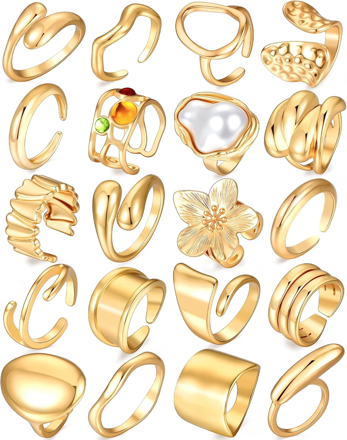 20 Pcs Gold Ring Set for Women, Chunky Statement Flower Finger Midi Rings, Big Boho Stacking Rings Pack Trendy Stuff