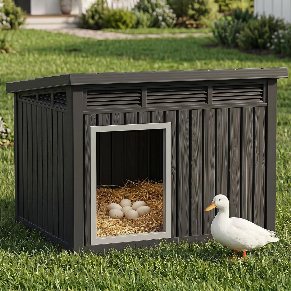 Chicken Coop, Resin PP Material Outdoor Duck House, Wood Grain Finish Sloped Roof Poultry Shelter, Gas Strut Top