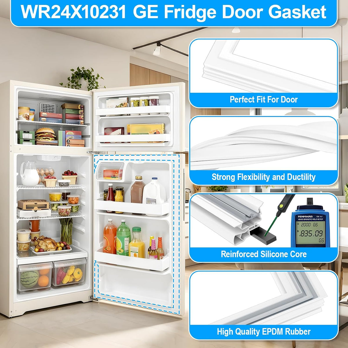 Upgraded WR24X10231 Refrigerator Door Gasket Replacement Compatible with GE Refrigerator Door Seal WR24X0485 WR24X0518 WR24X10049 Fridge Door Seal Replacement Kenmore Refrigerator French Door Gasket