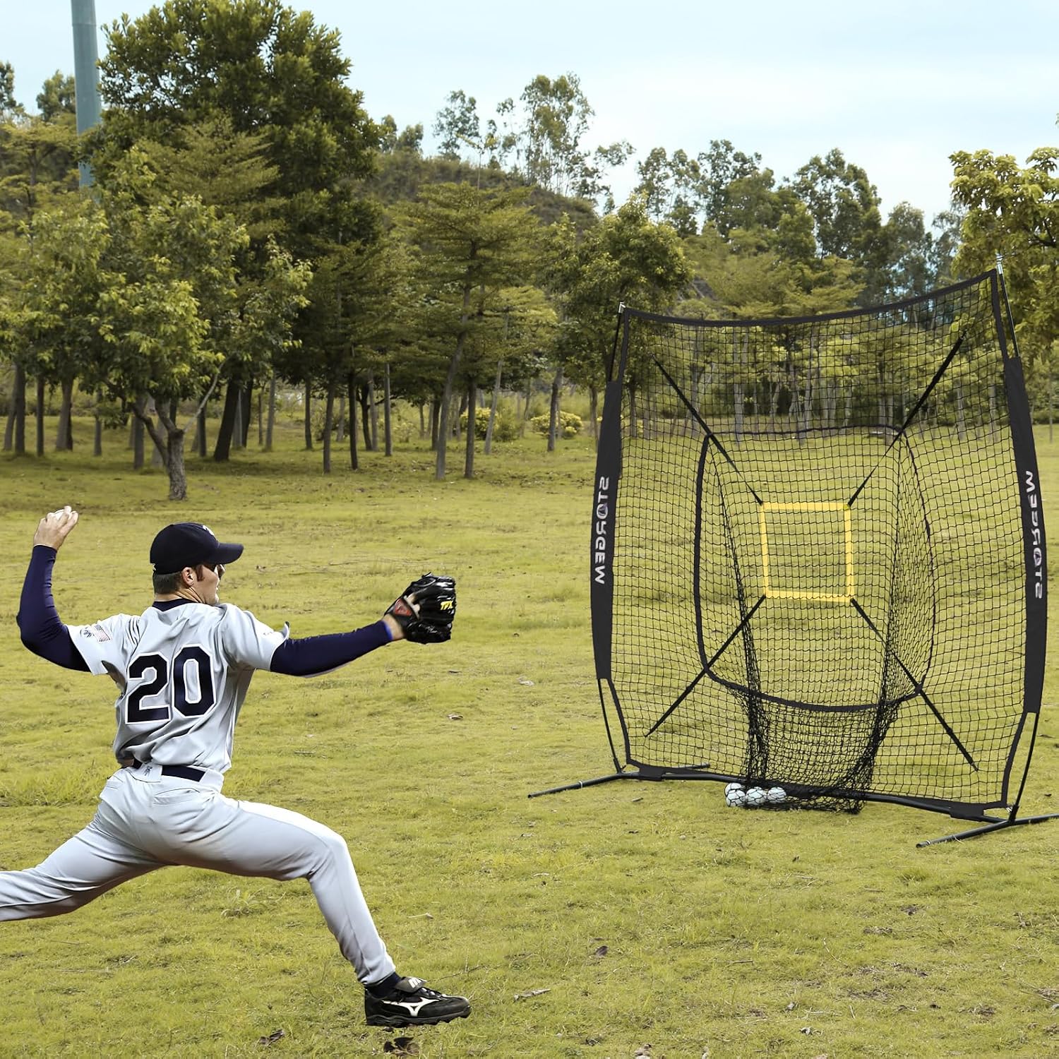 7x7 Baseball Softball Net with Tee, Strike Zone & Bow Frame | 7x7 Baseball Pitching Hitting Net with Strike Zone
