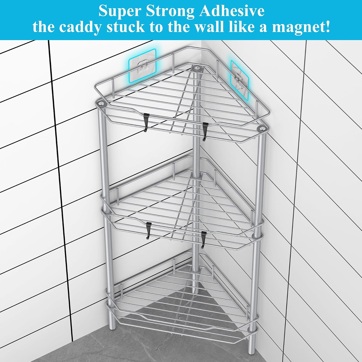 Metal Floor Standing Corner Shower Caddy, Silver, 3 Tier | Adhesive Bathroom Organizer Shelves, Free Standing Shower