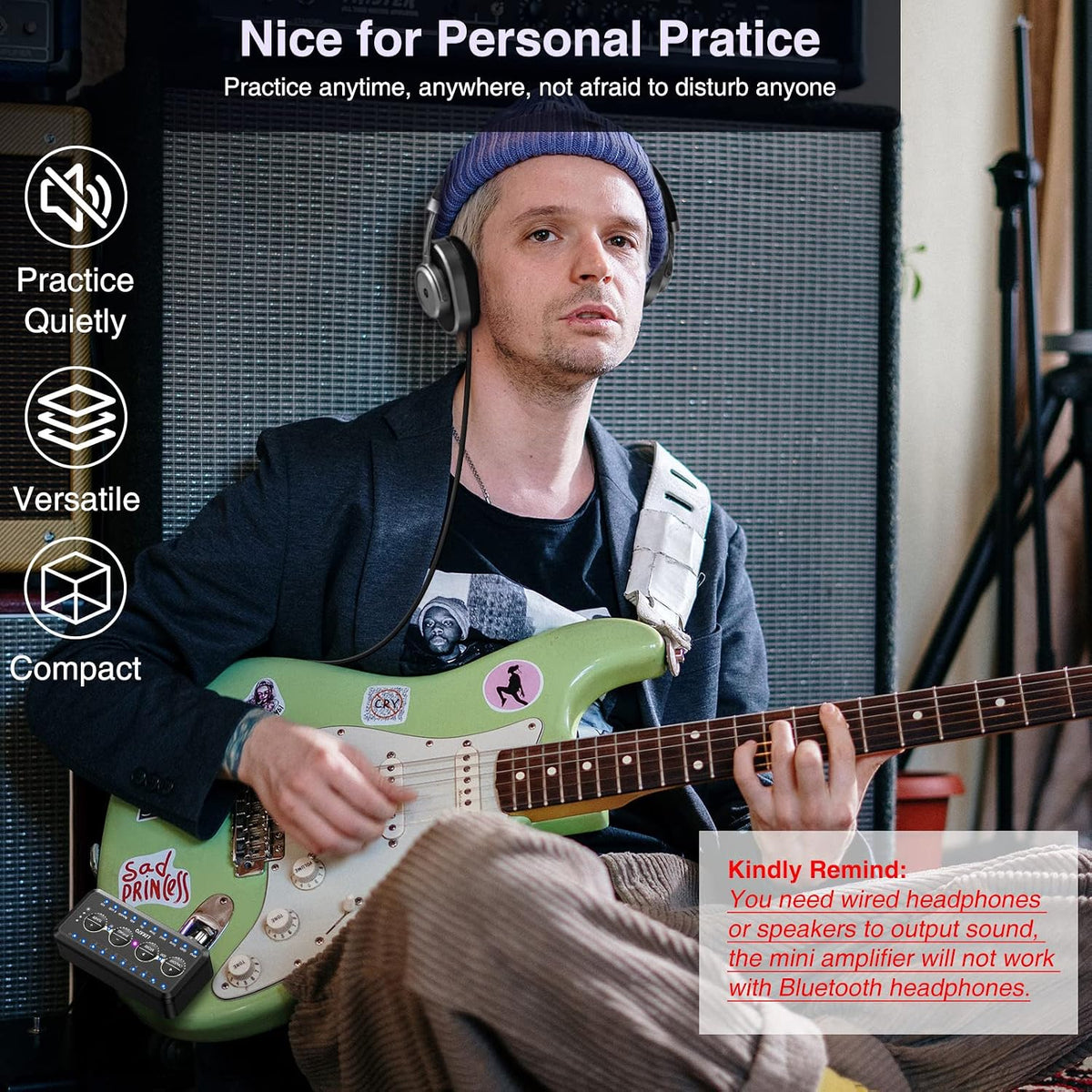 Micro Guitar Headphone Amp Bass Guitar Headphone Amplifier with Multi Effects - Amp Models, IR Loading, Tuner