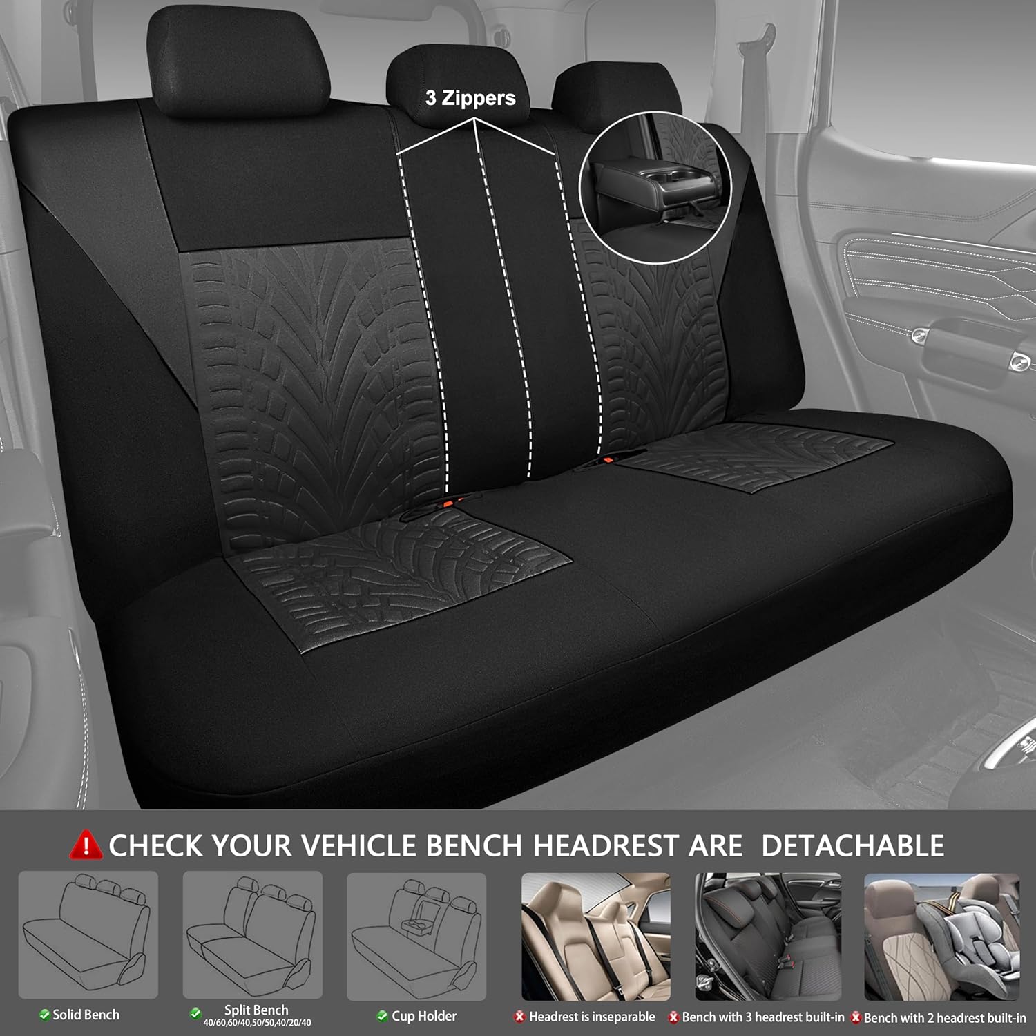 Car Seat Covers Full Sets, Front & Split Rear Bench for Car, 3D Tyre Embossed Automotive Interior Covers, Airbag