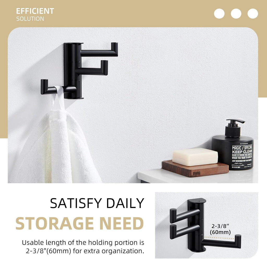 Swivel Towel Hook 3 Arms, Robe Coat Wall Hook, Matte Black | SUS304 Stainless Steel, Foldable Hand Bath Towel Holder