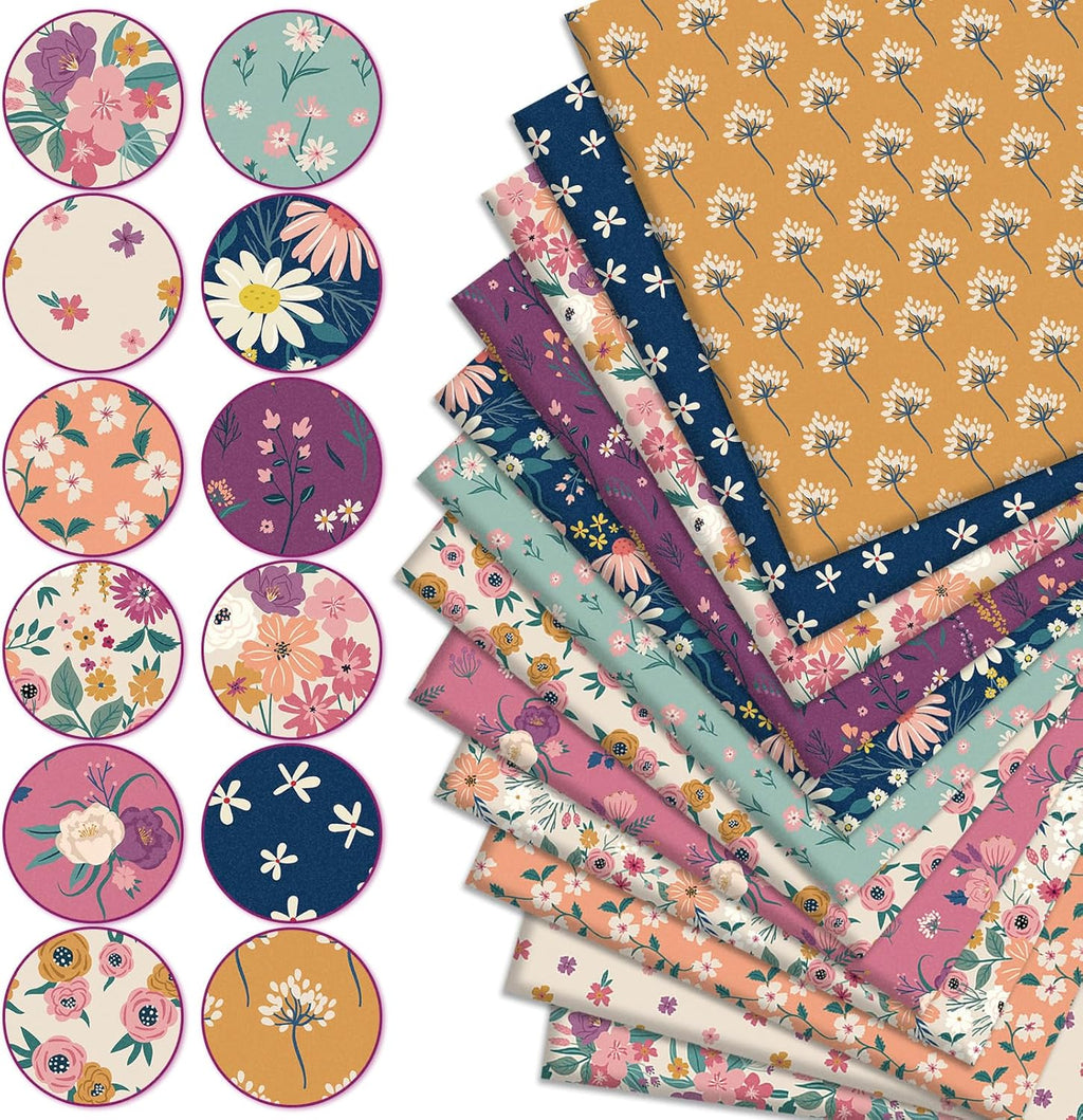 12 Pcs Retro Floral Cotton Fabric Bundles 18 x 22 Inch Wildflower Fat Quarters Vintage Flower Quilting Patchwork