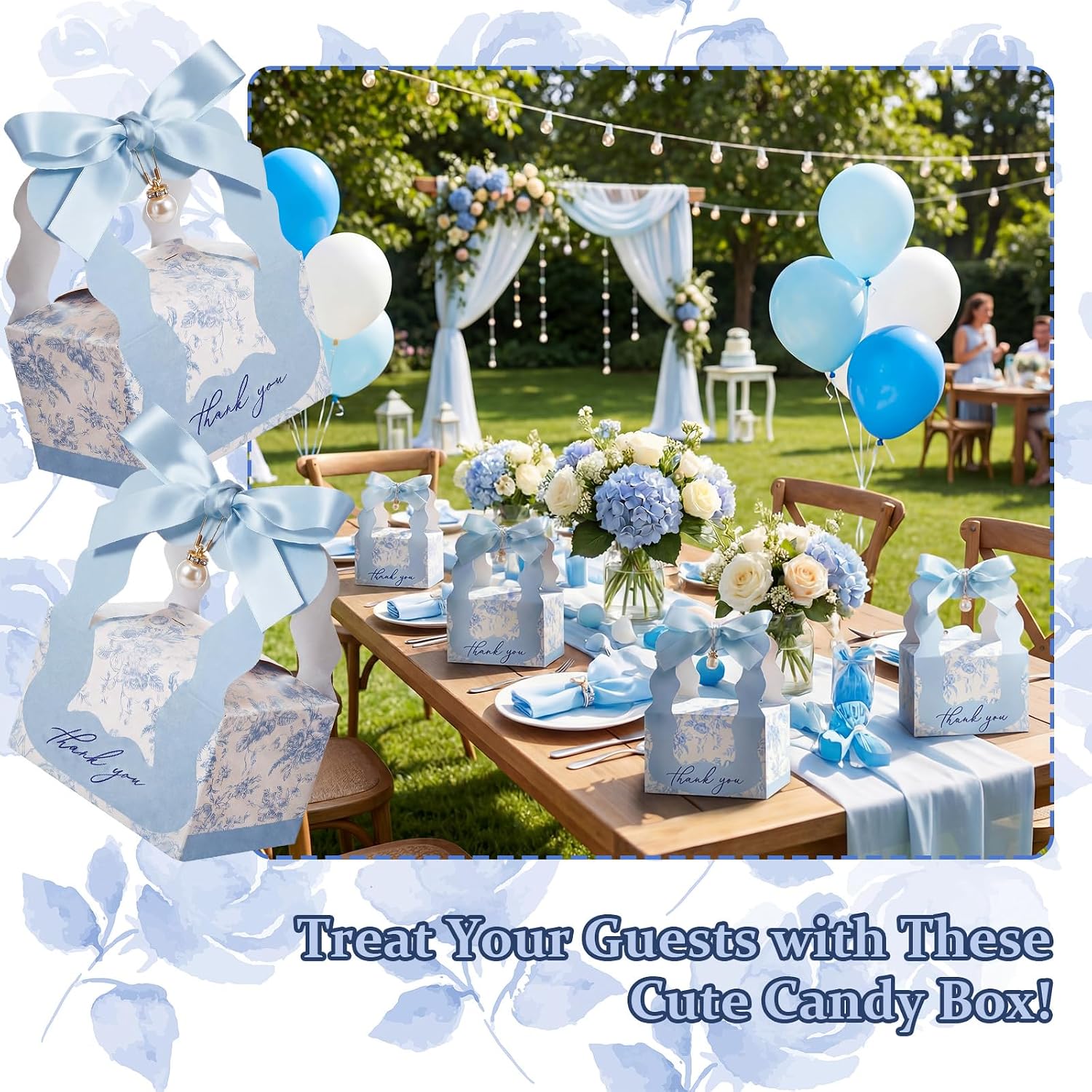 50 Sets Floral Wedding Favor Boxes with Pearl Pendant Bow, Blue