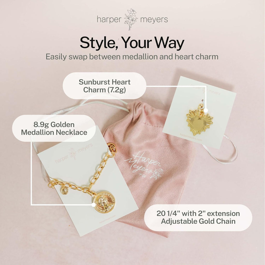 Harper Meyers Gold Medallion Necklace & Sunburst Heart Charm Bundle – Bold Statement Jewelry for Women –