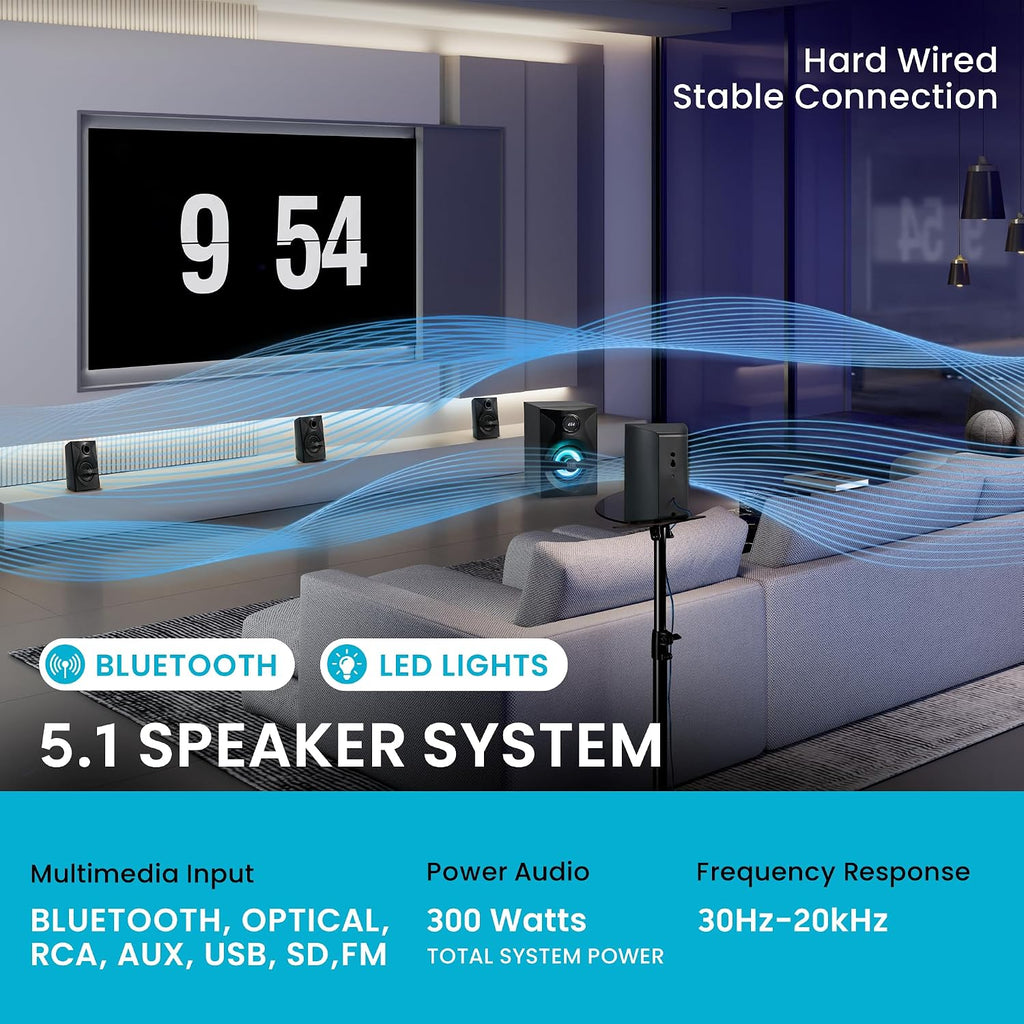 Goldwood Bluetooth 5.1 Surround Sound Home Theater Speaker System with LED Display, FM Tuner, USB/SD Inputs - 6-Piece