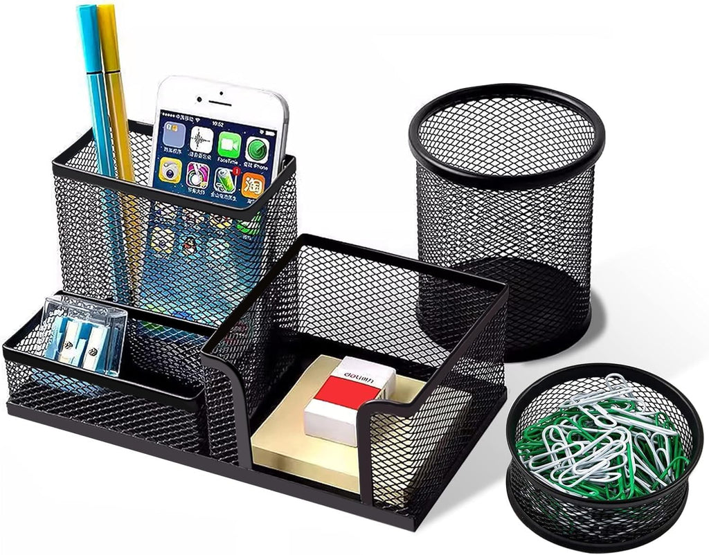 Pen Holder for Desk, Desk Organizers Set-3 Compartments Mesh Pencil Holder with Pencil Pen Cup and Paper Clip holder