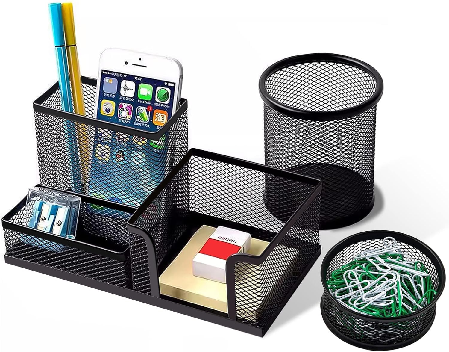 Pen Holder for Desk, Desk Organizers Set-3 Compartments Mesh Pencil Holder with Pencil Pen Cup and Paper Clip holder