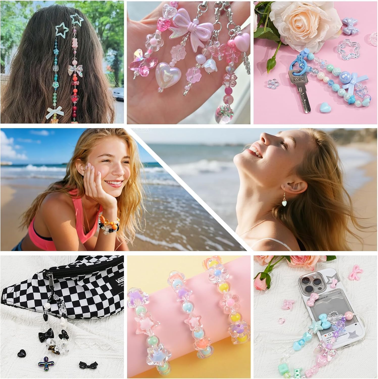480PCS Acrylic Beads for Bracelet Making Kit with String, 6 Colors Assorted Cute Beads Bracelet Charms for Jewelry