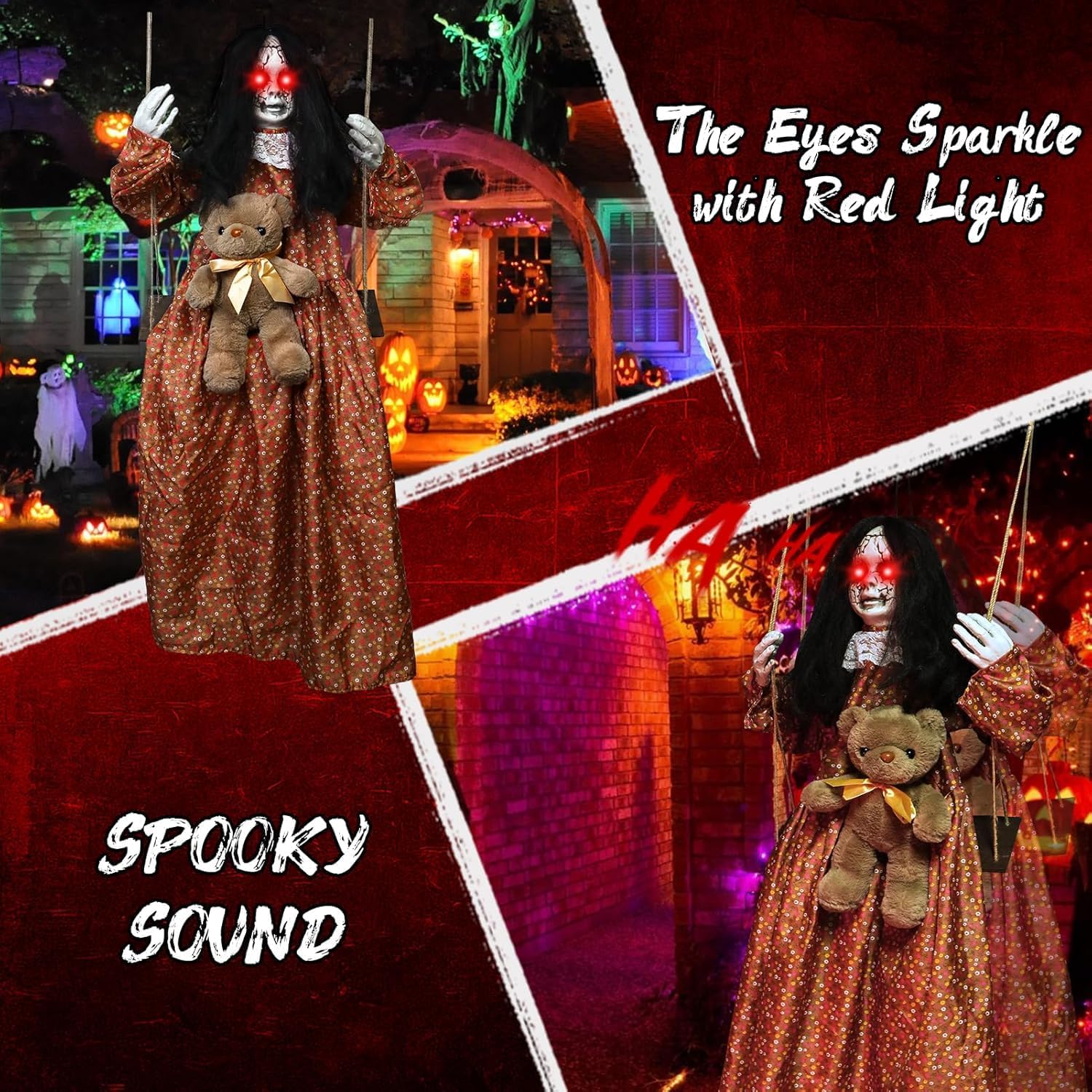 3.9 Ft Halloween Decorations Animatronics Hanging Swinging Girl with Creepy Sound/Light Up Eyes/Scary Expression