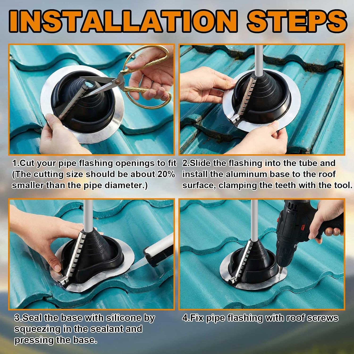 1 Pcs 3/4" - 2-3/4" Metal Split Roof Pipe Flashing Vent Boot Epdm Flexible Roof Jack Rubber Flashing Boot, Round