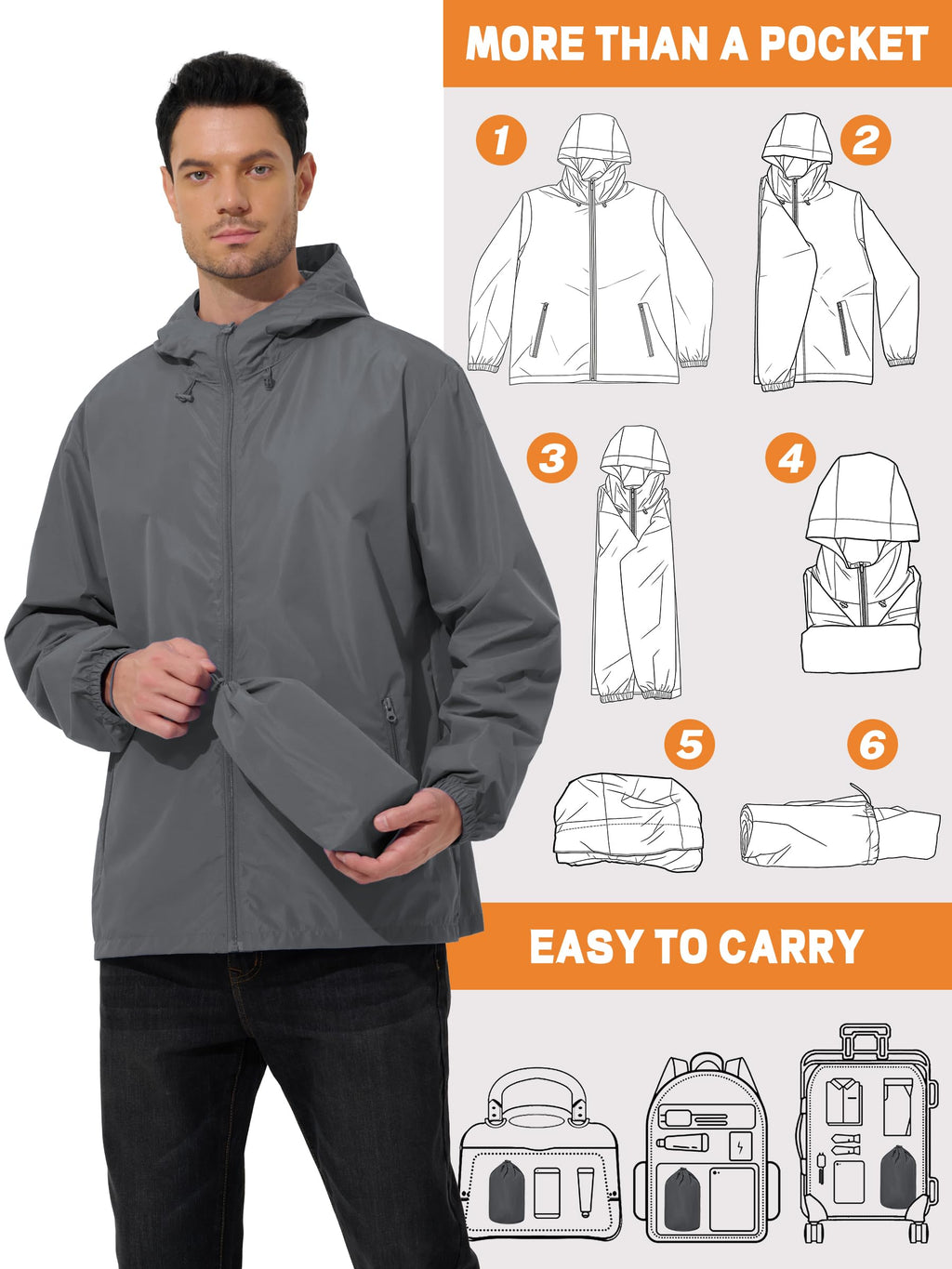 Mens Raincoat Waterproof Rain Jacket Grey XL