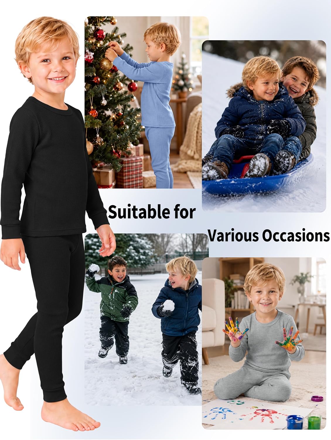 3 Set Thermal Underwear Set for Kids Waffle Long Sleeve Thermal Shirt and Long Johns for Toddler Boys