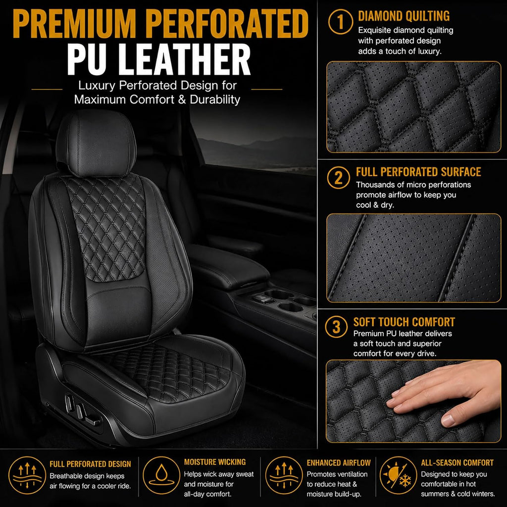 Car Seat Covers Full Set with Lumbar Support, Breathable Perforated PU Leather Seat Covers, Waterproof Seat