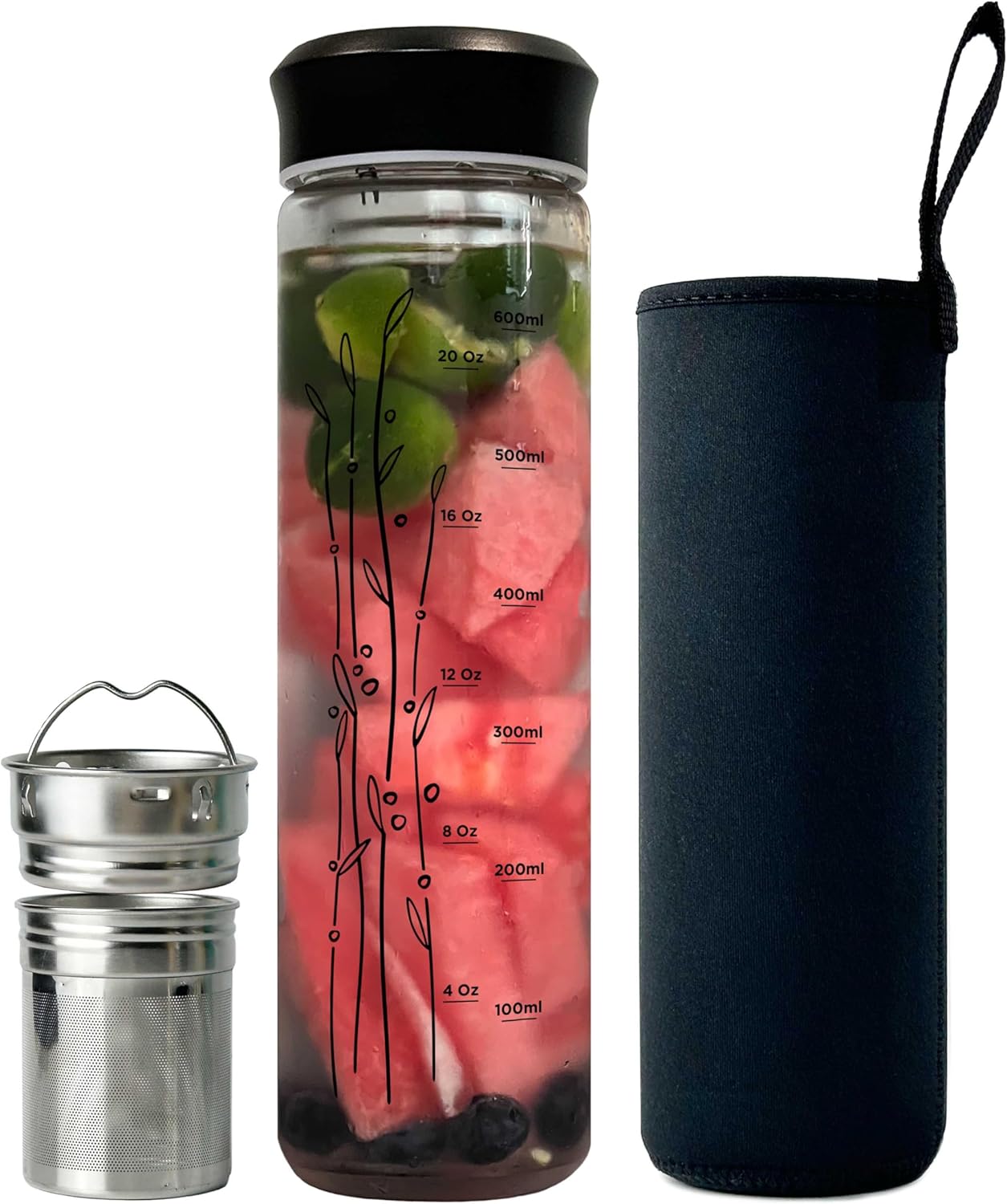 23 oz Glass Water Bottle with Tea Infuser Strainer and Black Stainless Steel Lid - Tea Infuser Bottle