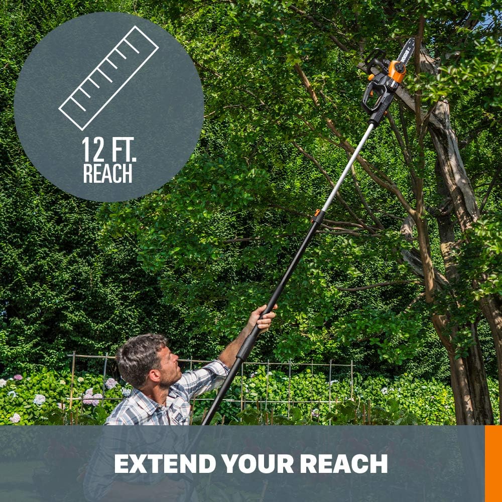 Cordless Chainsaw, 20V 10" 2-in-1 Pole Saw with Auto-Tension, WG323 | 12' extra reach with pole; weighs 10 lbs;