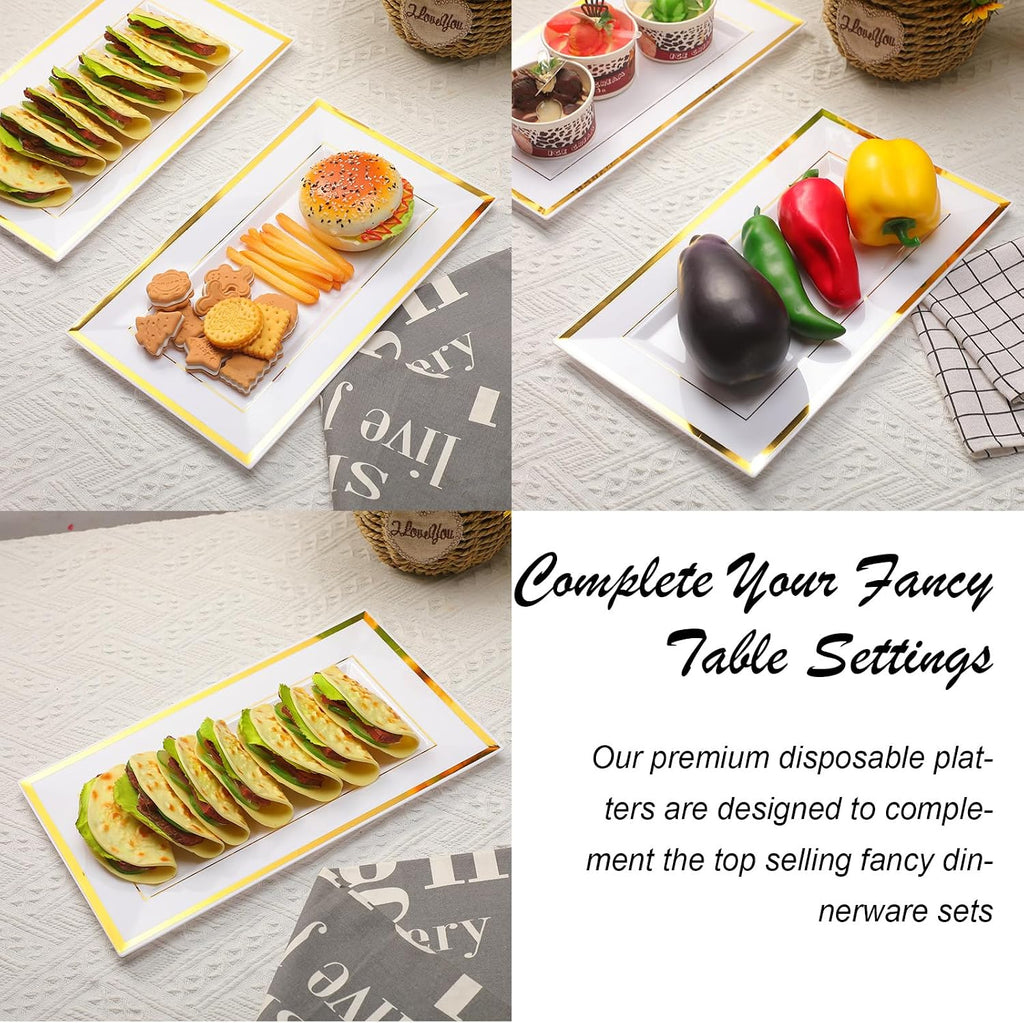 30 Pcs Disposable Plastic Serving Tray, White Gold Rim, 8 x 13 Inch