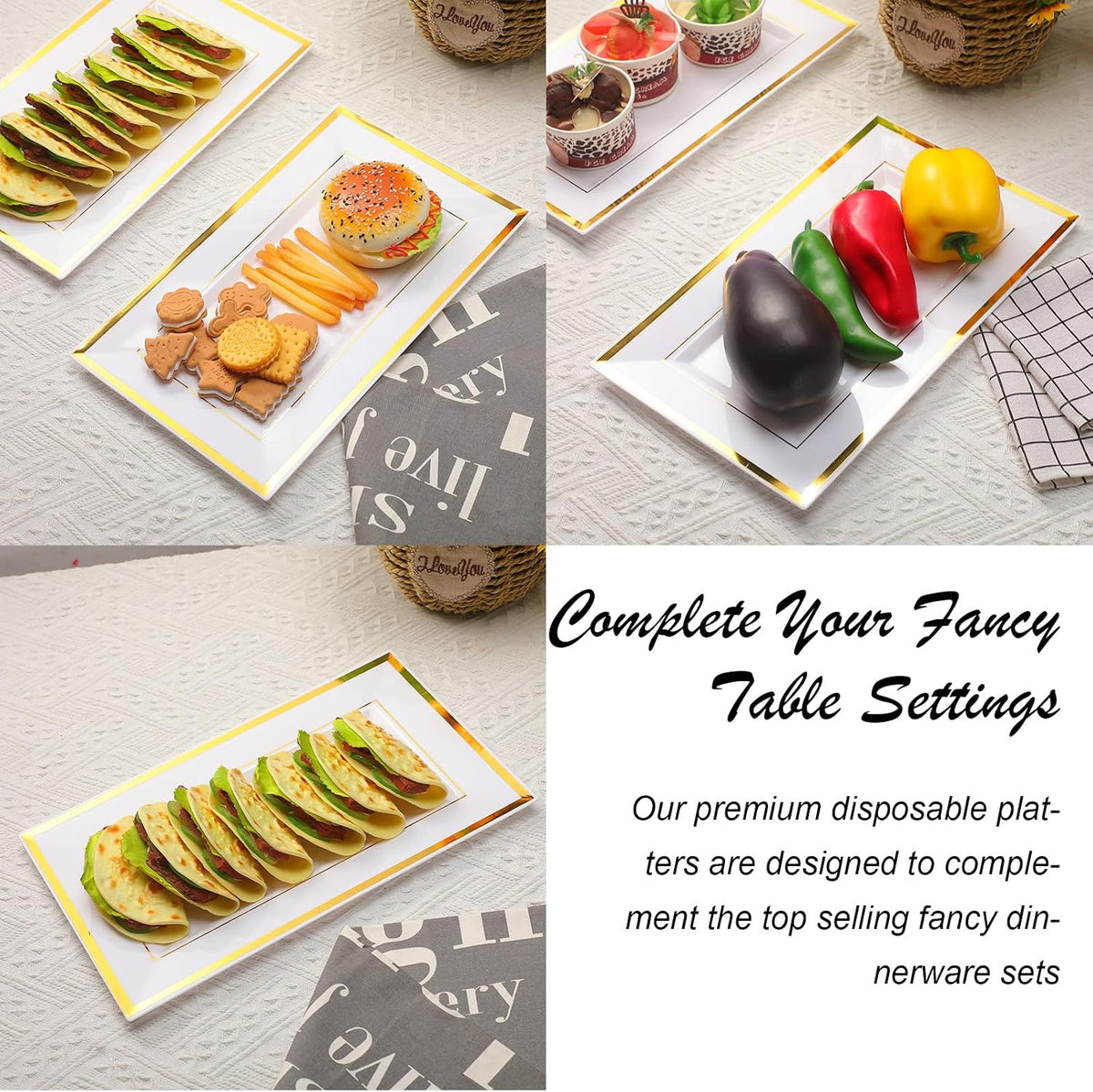 30 Pcs Disposable Plastic Serving Tray, White Gold Rim, 8 x 13 Inch