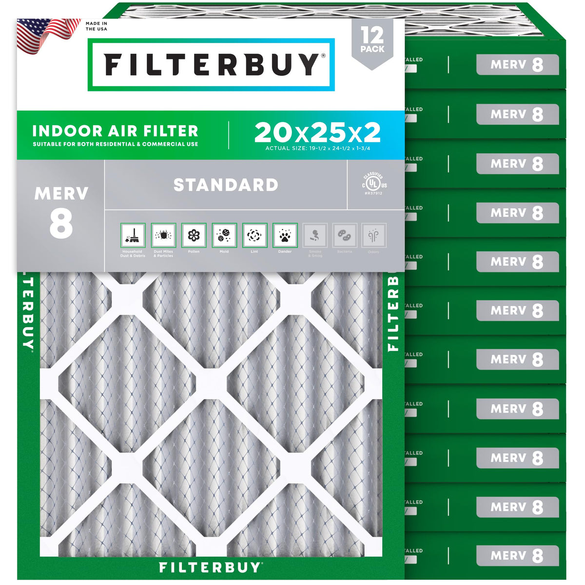 20x25x2 Air Filter MERV 8 Dust & Allergy Defense (12-Pack)