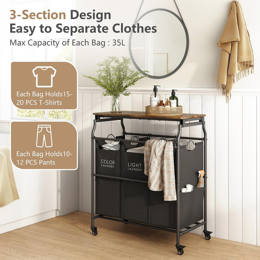 3 Section Laundry Sorter with Iorning Board, Laundry Hamper, Black | Lockable Wheels, Laundry Basket Organizer with